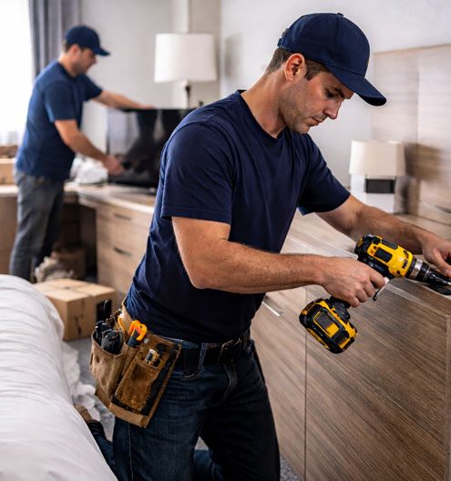 Hospitality FF&E installation technicians assembling hotel furniture and fixtures inside a guest room.