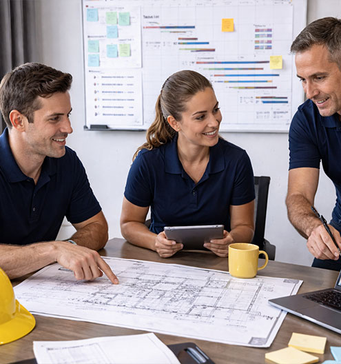 Project management team coordinating hospitality FF&E installation using plans, schedules, and on-site supervision.