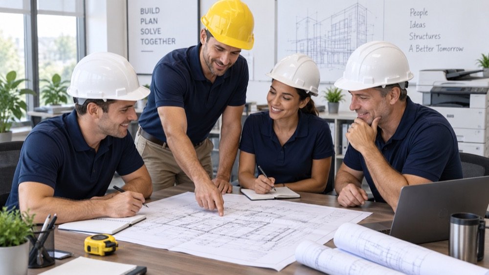 Project team reviewing blueprints and coordinating installation plans